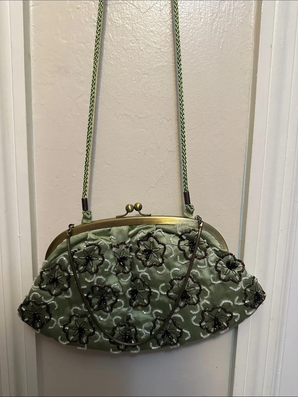 Beaded Floral Embroidered Satin Clutch Shoulder Bag - Sage Green
